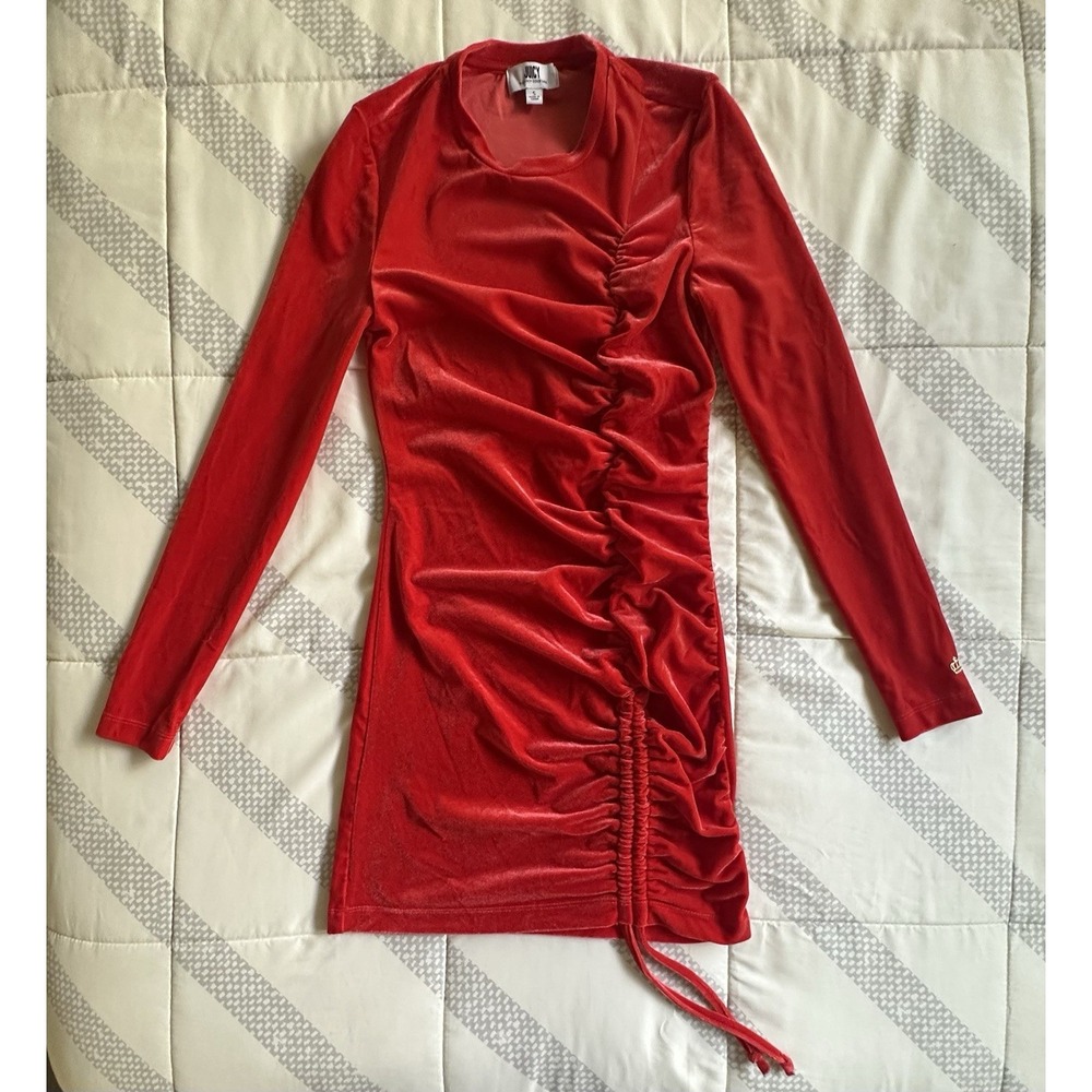 Juicy by Juicy Couture Red Velvet Ruched Bodycon Mini Dress Long Sleeve S